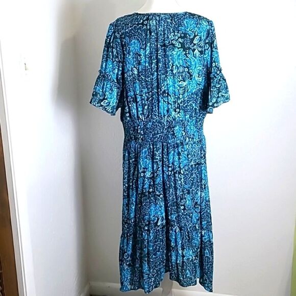 Isaac Mizrahi Chiffon Midi-Dress, Teal & Dark Green, Size Large - Picture 10 of 12
